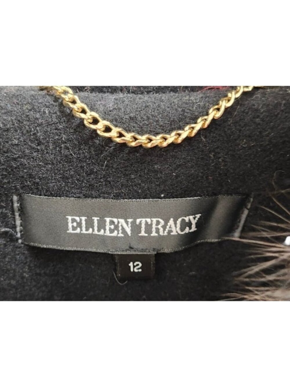 Ellen Tracy Black Long Wool Blend Coat Removable Genuine Fur Collar Women's 12 - Picture 9 of 14